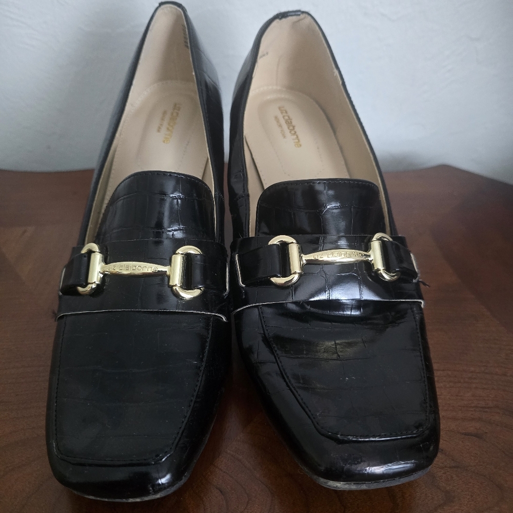 Liz Claiborne Black Patent Croc-Embossed Loafers with Gold Hardware